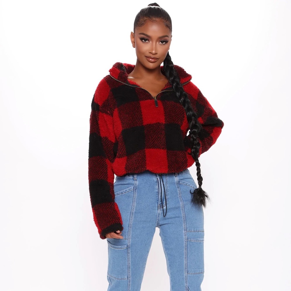 Fashion nova Plaid The Game Sherpa Pullover - Red/combo - Picture 2 of 7